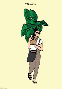 Tel Aviv - Ben Zion Boulevard. Woman holding a giant potted plant.
